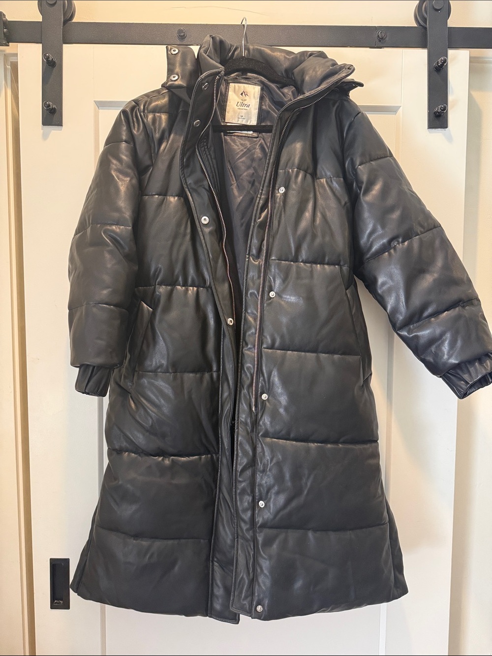 Abercrombie & Fitch Black Quilted Faux-Leather Long Puffer Coat